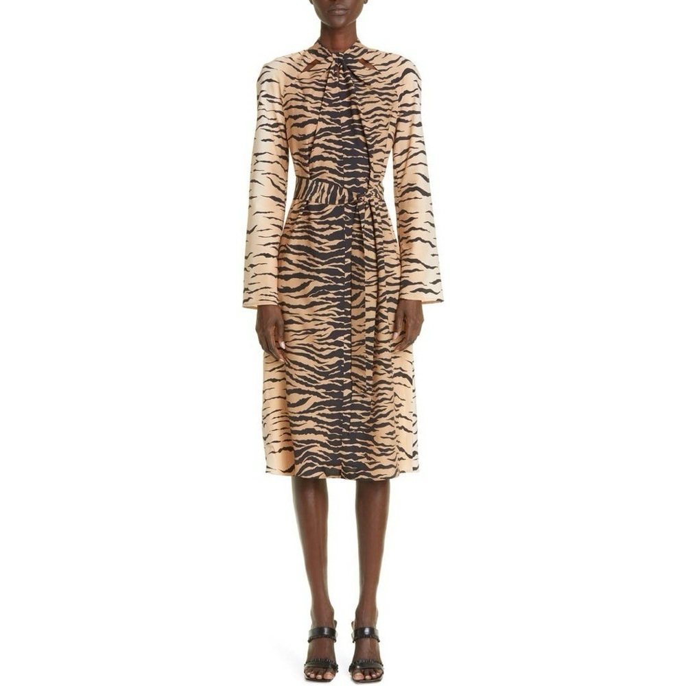 NEW St. John Collection Tiger Print Keyhole Long Sleeve Silk Midi Dress Size L